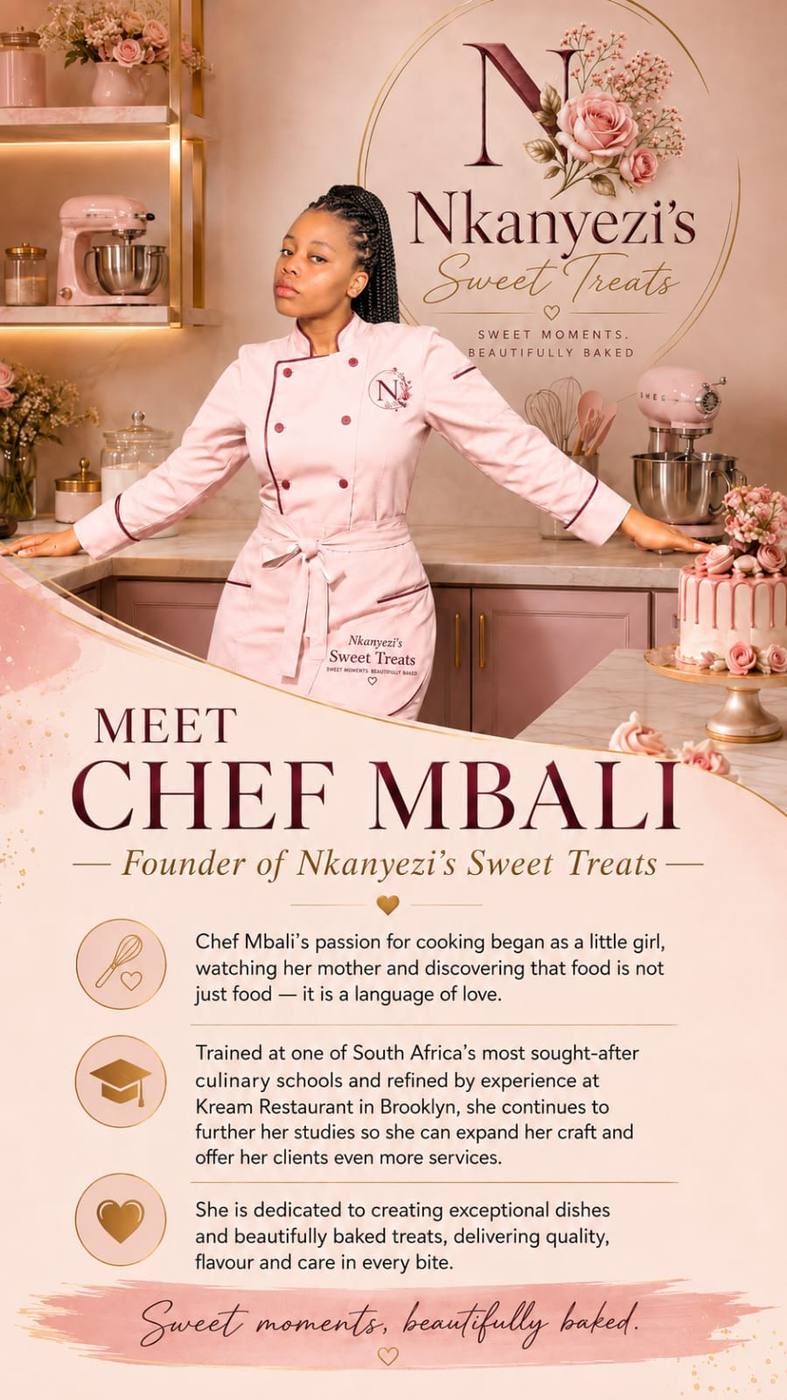 Chef Mbali, founder of Nkanyezi's Sweet Treats, in a branded pastry kitchen.